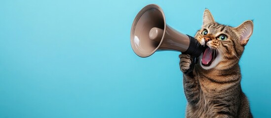 A cat is holding up an open megaphone against a blue background, creating cute and funny images
