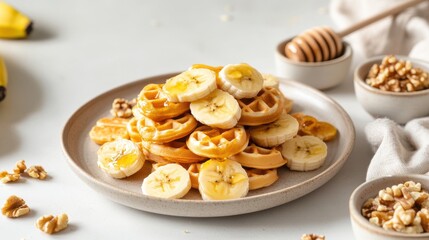 plate of golden mini waffles with crisp edges and soft centers, stacked and drizzled with honey, topped with fresh banana slices and crunchy walnuts, surrounded by small ceramic bowls with toppings