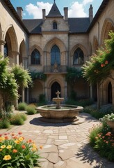Panoramic view of Cluny abbey's courtyard with blooming flowers and a fountain, France, historic site, church