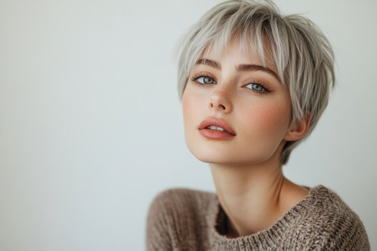 Model with trendy silver pixie haircut and light brown sweater posing in front of a minimal white background