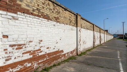Obraz premium Panoramic view of a weathered brick wall with white paint, old brick, vintage look, worn masonry