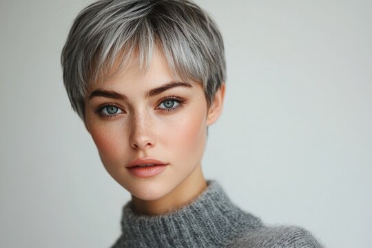 Stylish young woman with trendy grey pixie cut, freckles, and impeccable makeup exudes confidence
