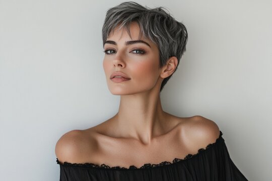 Studio portrait of a confident fashion model showcasing her trendy grey pixie cut and elegant off-the-shoulder top