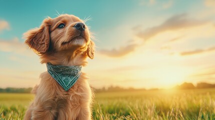 Happy Puppy with Bandana in Beautiful Summer Landscape at Sunset