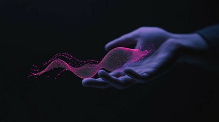 Hand Holding Abstract Energy Formation with Vibrant Colors and Particle Effects in Dark Background