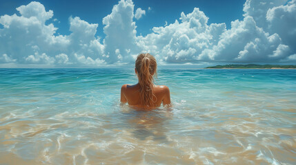 Woman enjoying a peaceful moment while wading in clear ocean water under a bright blue sky with fluffy clouds