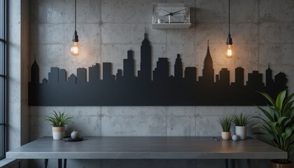 A sleek workspace showcases a striking black silhouette of a city skyline against a concrete wall, illuminated by warm pendant lights and adorned with vibrant greenery