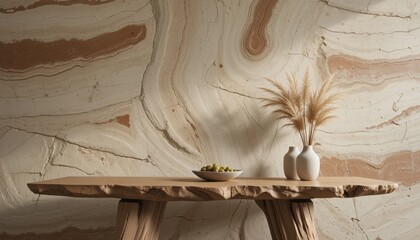 A beautifully crafted wooden table with a unique design sits against a striking wall featuring soft, organic patterns. Green olives in a bowl add a touch of life to the tranquil atmosphere