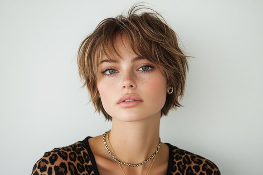 Young woman with pixie haircut, freckles and necklaces posing for a fashion shot