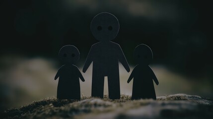 Silhouetted Paper Figures Standing Together in Soft Natural Light on a Mossy Background