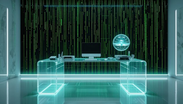 A contemporary office features a transparent desk and an Apple computer, illuminated by captivating green binary code patterns on the wall. The minimalist design embodies innovation and technology