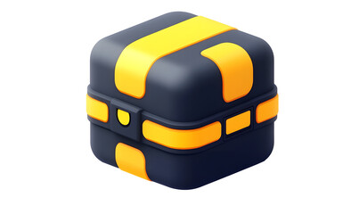 Dark gray cube gift box, yellow stripes,  isolated, digital, online marketing