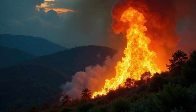 A burst of flame erupts from a tropical bush as it's engulfed in wildfire, burst, fires