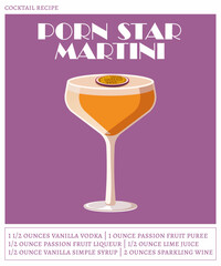 Porn star martini cocktail on the purple background. Vector illustration of modern alcoholic drink. Cocktail recipe poster