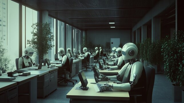A futuristic office filled with identical AI robots working at desks, with one robot staring directly at the camera, symbolizing automation&acirc;&euro;&trade;s impact on employment