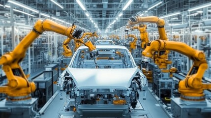 A high-tech car factory utilizing Industry 4.0 digitalization, where automated robotic arms assemble energy-efficient electric vehicles with AI-driven precision