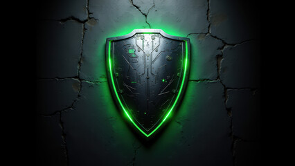 Fototapeta premium Internet security shield with glowing lines on a cracked wall background.