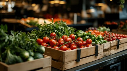 Fresh Organic Vegetables Displayed in Wooden Crates at a Vibrant Market Stand During Daylight Hours