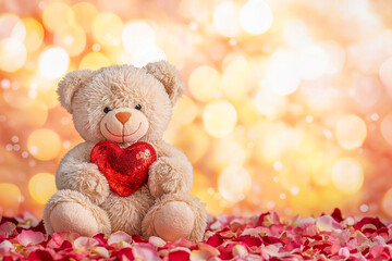 Fototapeta premium beautiful A cute plush white teddy bear holding a red heart, sitting on a bed of rose petals with a glowing, softly blurred bokeh lights background. copy space
