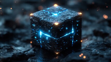 Glowing Blue Cube on Dark Surface