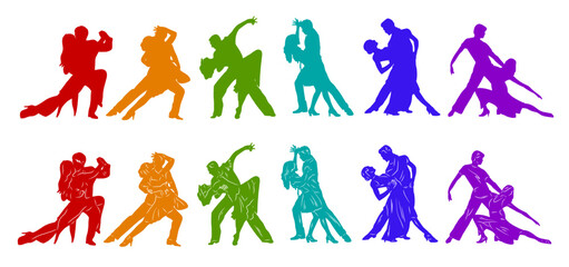 Paired dancing silhouettes of people, dancers man and woman, girl and guy. Vector illustration of dance. Tango. Waltz.