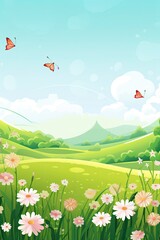 Flower meadow, spring meadow landscape, nature cartoon, Easter background, vertical picture