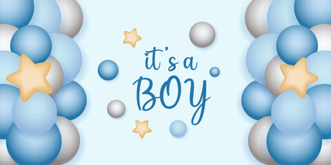 Baby shower design with balloons and star on blue background. It's a boy design.