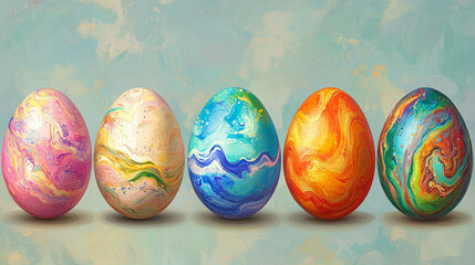 Colorful decorative eggs arranged in a row, showcasing vibrant patterns and artistic designs for spring celebrations