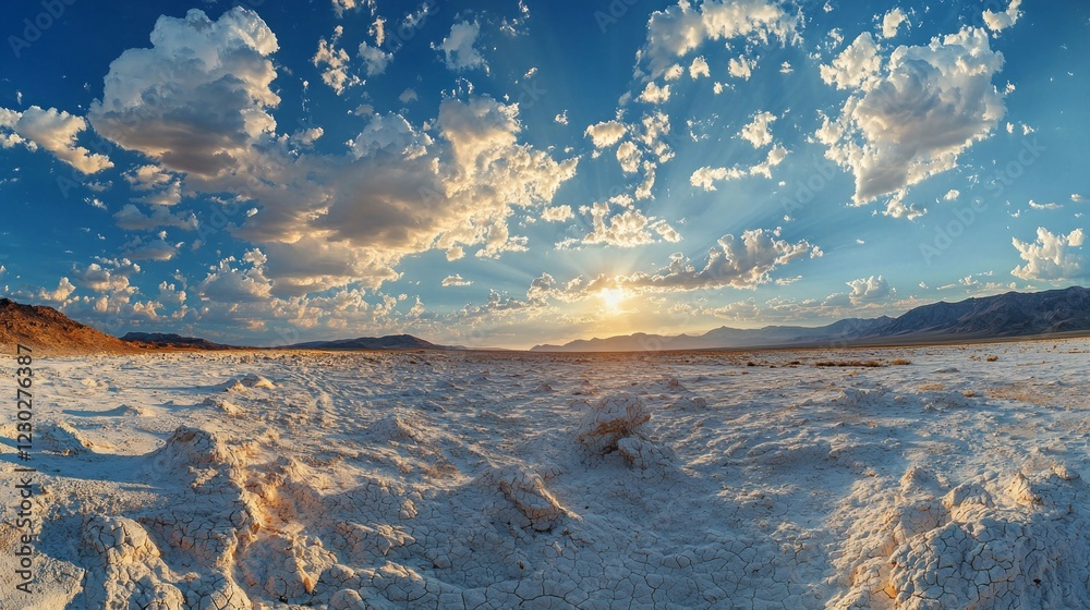 Poster golden rays of sunlight stretch across a vast desert expanse, highlighting intricate patterns in the