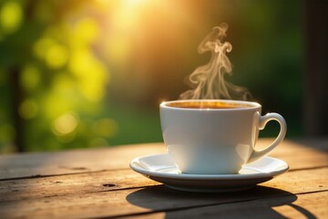 Obraz premium Coffee cup with rising steam and morning haze on wooden surface, gentle, soothing