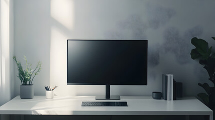 Fototapeta premium monitor on a glass office table with a cityscape view in the background 