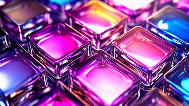 Vibrant array of iridescent glass cubes in shades of pink, purple, and blue. Close up view showcasing reflective surfaces and varying light
