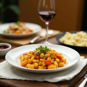 Comida para presentar en una mesa con decoraci?n, toallas, platos