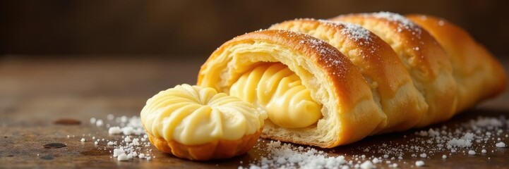 Cream-filled puff pastry in golden brown color, dessert ideas, baked, cream filling