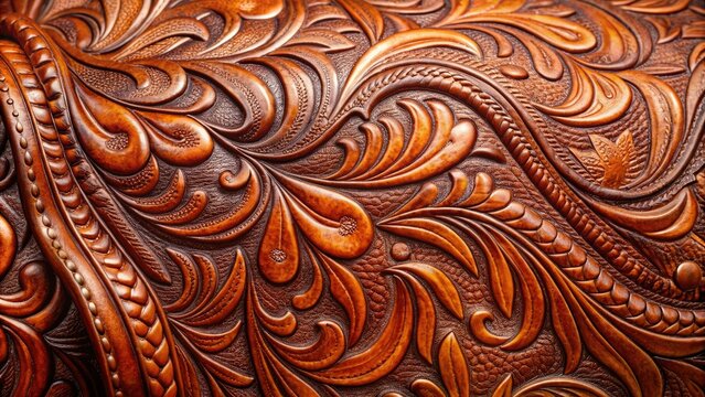 Richly colored saddle leather with prominent tooling and textured surface, weathered appearance, decorative stitching, traditional craftsmanship