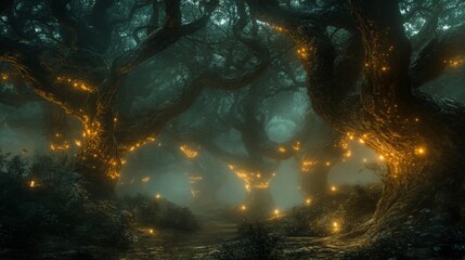 Enchanted Forest with Glowing Trees at Night