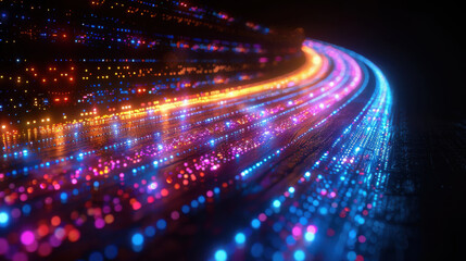Obraz premium Vibrant abstract background with colorful light trails and glowing dots, creating futuristic atmosphere