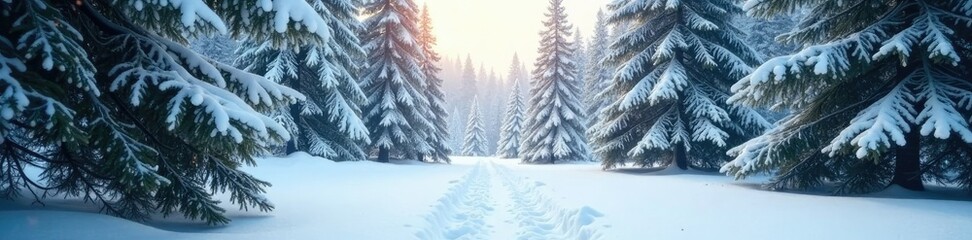 Naklejka premium Fir tree branches stretching outwards in a snow-covered clearing, open, cold, winter