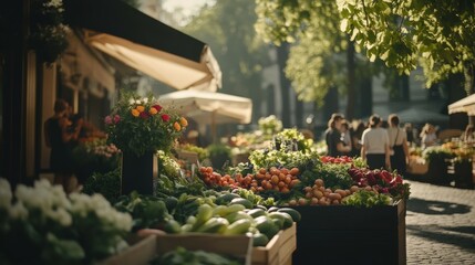 Vibrant Open-Air Market with Fresh Vegetables and Colorful Flowers in a Sunlit Urban Setting