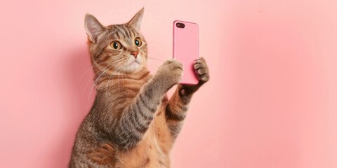 Playful cat taking a selfie on a white background, Posing with a smartphone in its paw, Against a vibrant pink backdrop