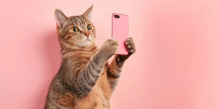 Playful cat taking a selfie on a white background, Posing with a smartphone in its paw, Against a vibrant pink backdrop