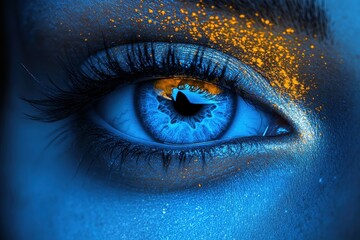 Vibrant eye with colorful makeup highlighting intricate details and lively hues during an artistic makeup session