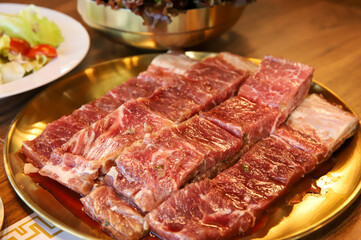 Korean traditional BBQ food. raw beef ribs