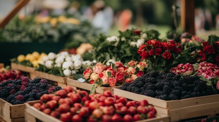 Fresh Organic Produce at a Vibrant Farmers Market with Colorful Flowers and Juicy Fruits in Wooden Baskets