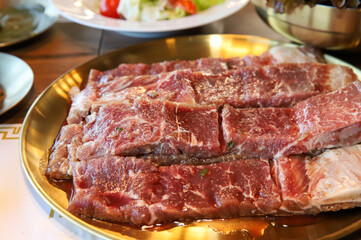 Korean traditional BBQ food. raw beef ribs