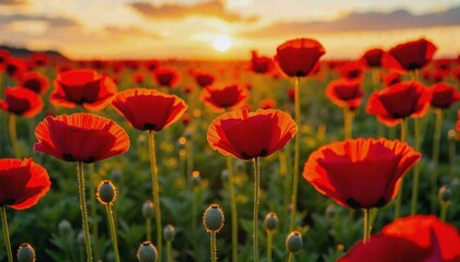 Fototapeta premium Vibrant field of red poppies glowing under a warm sunset