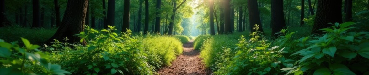 Obraz premium Forest path winding through dense undergrowth, woodland,