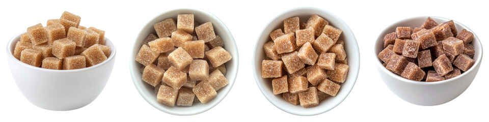 Brown sugarcane cubes in a white bowl isolated on transparent background, PNG, set of