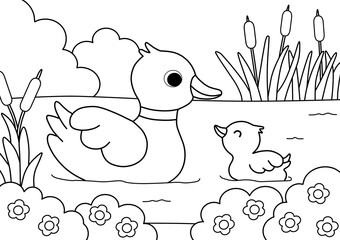 Cute smiling duck coloring page for kids. Coloring page with duck. Children's coloring activity sheet. Cute Illustration to Color.