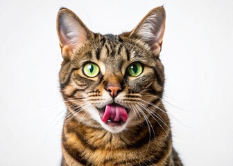 Obraz premium Macro Photo of Tabby Cat Licking Lips, Open Mouth, Tongue Out, White Background